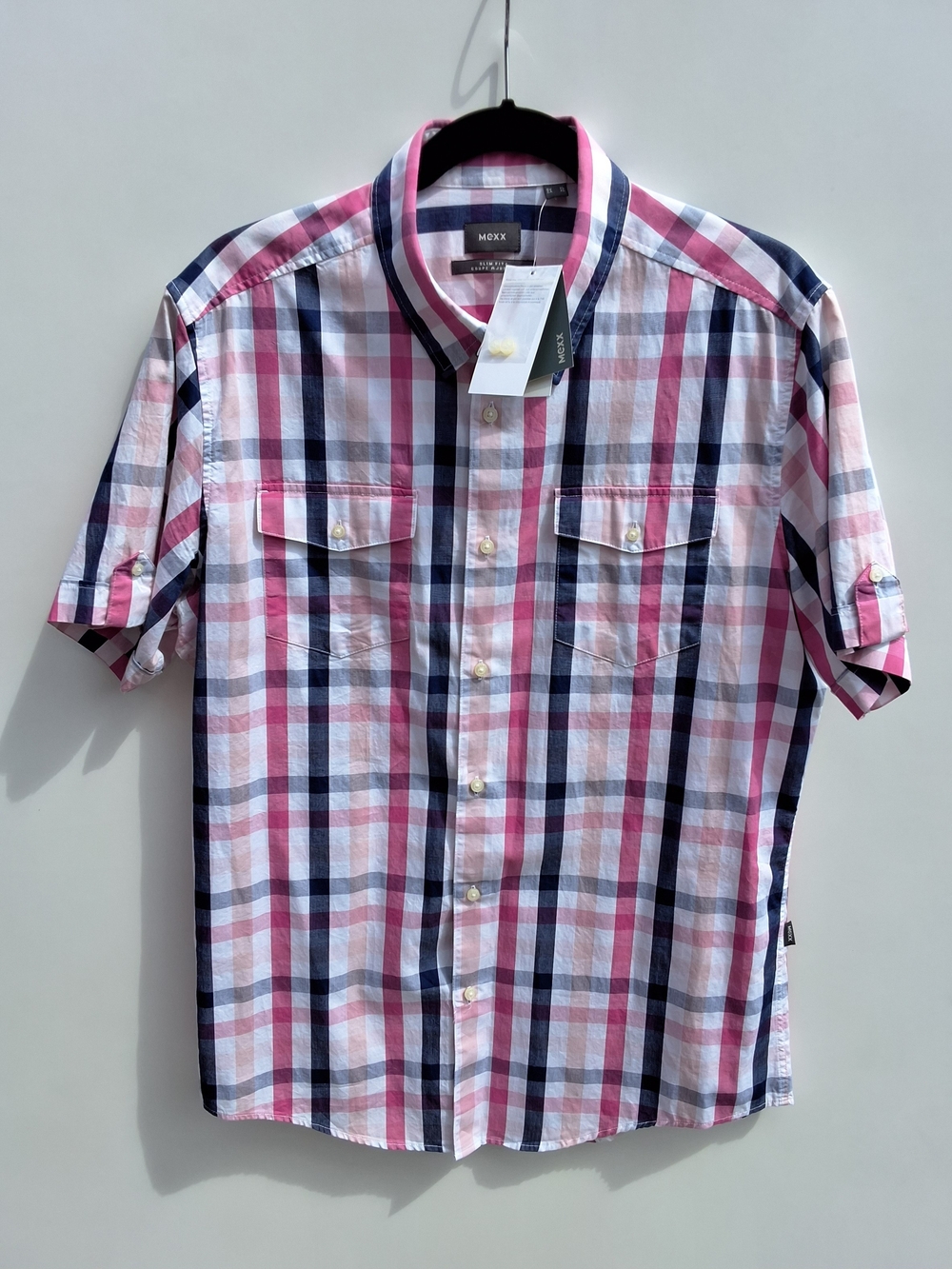 Mexx Men's Short-Sleeve Pink & Navy Plaid Cotton Button-Up Shirt
